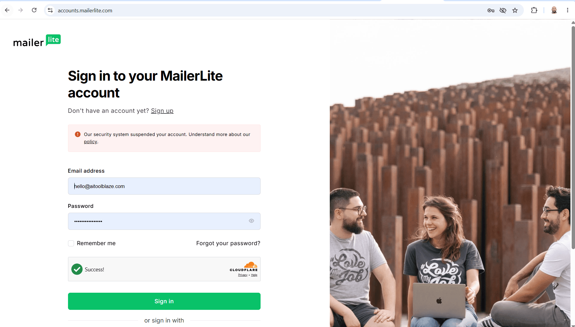 MailerLite sign-in page showing a red notice reading: Our security system suspended your account. Understand more about our policy.