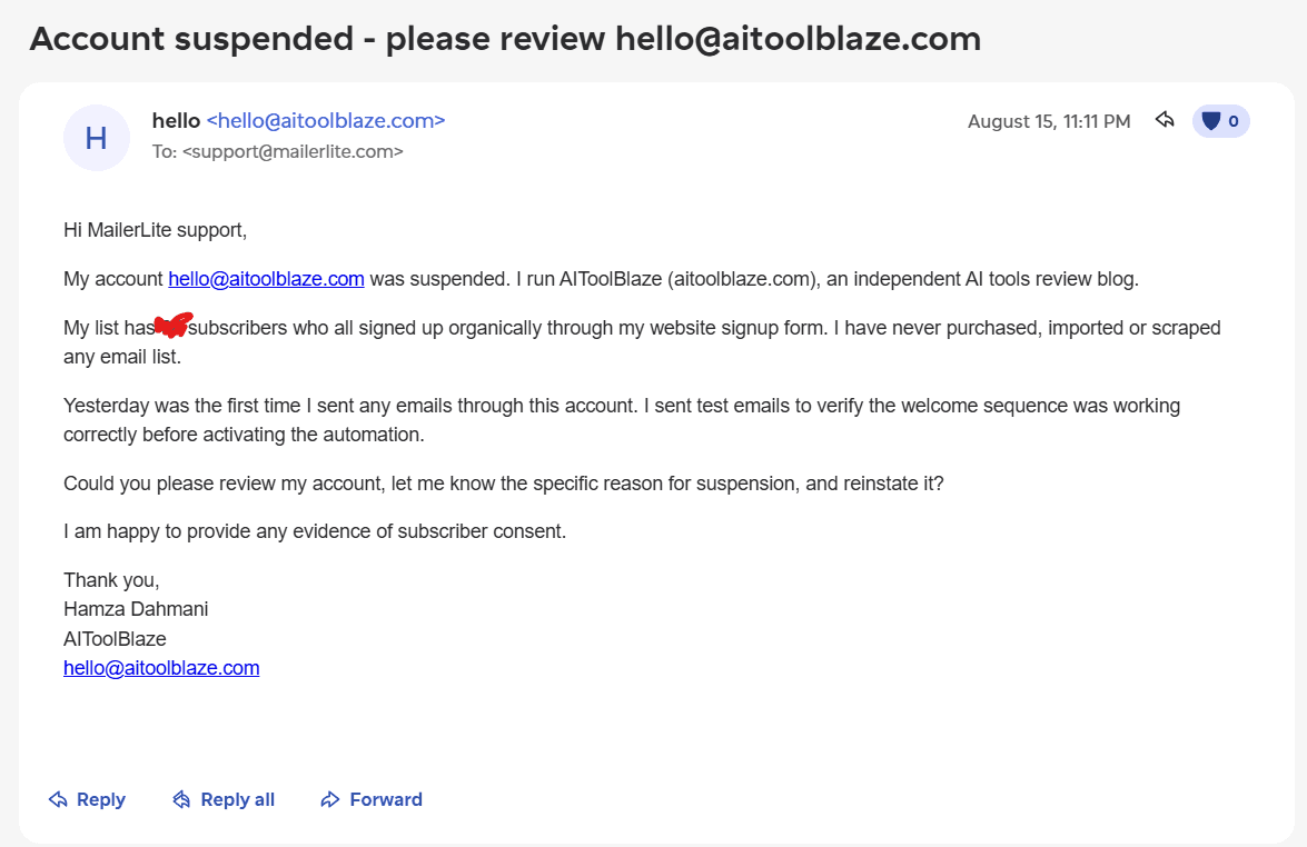 Email sent to MailerLite support on August 15 explaining that AIToolBlaze subscribers signed up organically through the website form, that no list was purchased or scraped, that the only emails sent were welcome-sequence tests, and requesting a review, the specific reason for suspension, and reinstatement. The subscriber count is redacted.