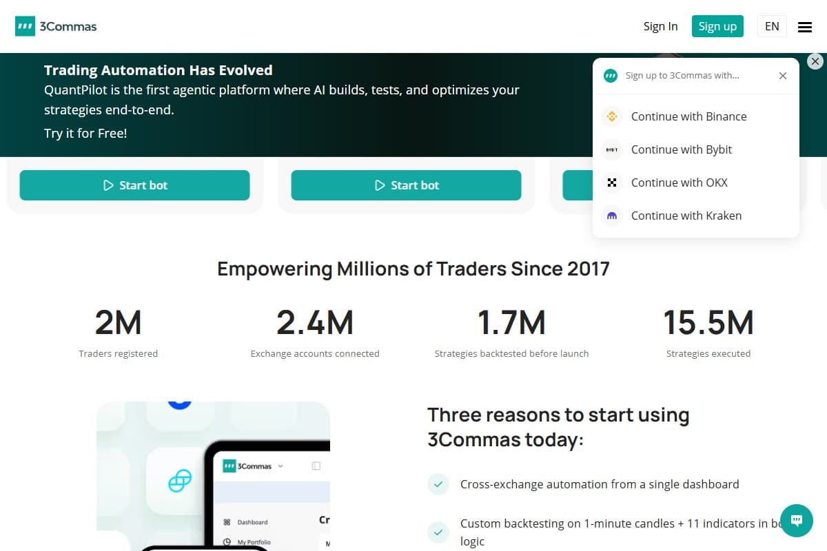 Screenshot: 3Commas homepage (July 2026)
