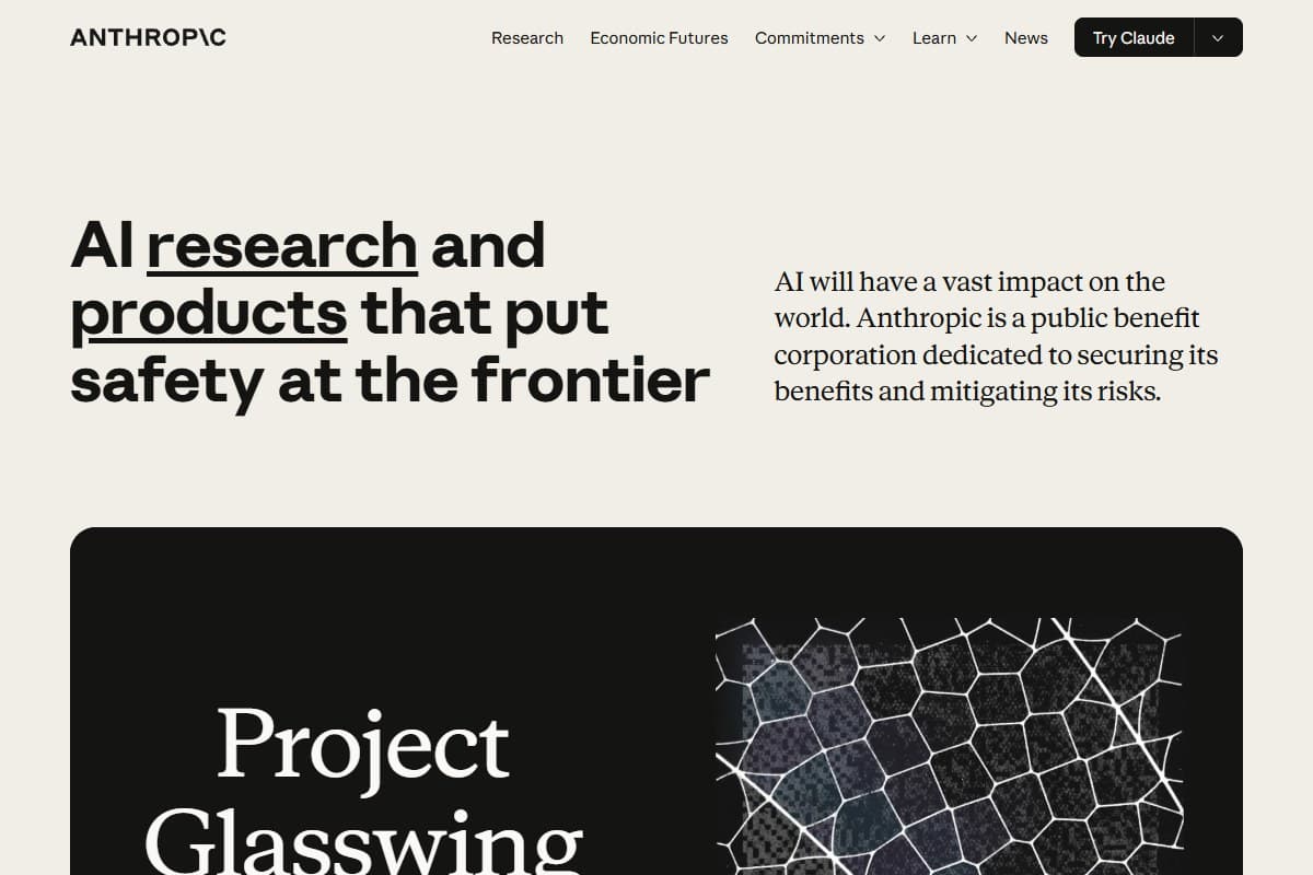 Screenshot: Anthropic's homepage — 'AI research and products that put safety at the frontier' (June 2026)