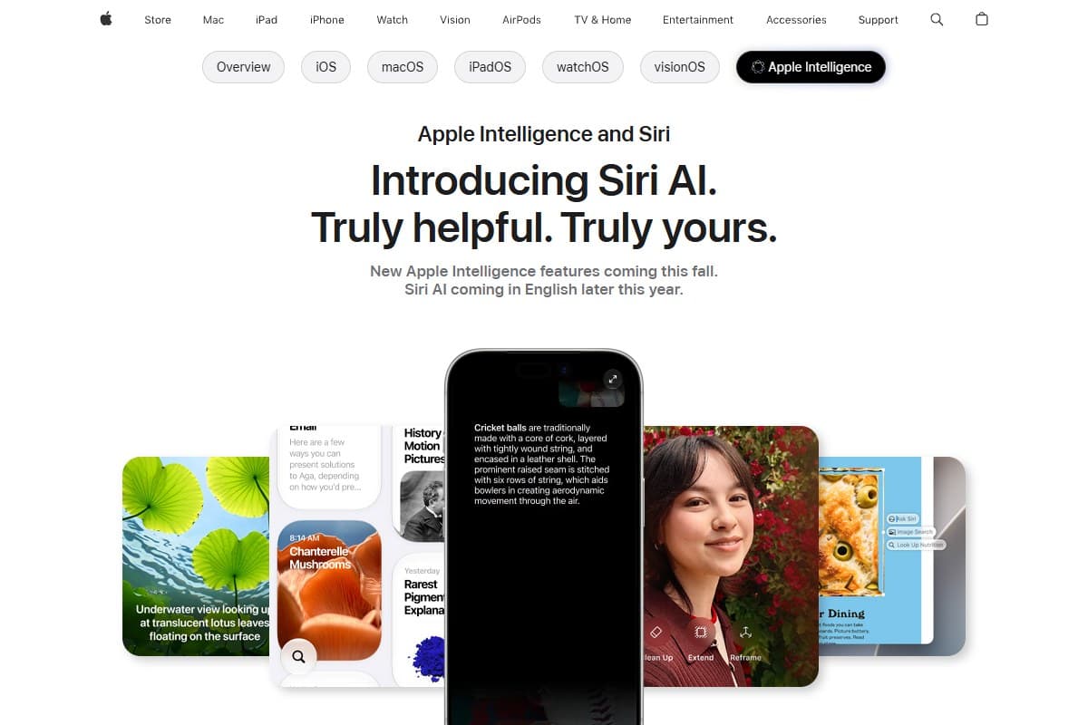 Screenshot: Apple's official Apple Intelligence page — 'Introducing Siri AI. Truly helpful. Truly yours.' with the onscreen-awareness demo, noting features arrive this fall and Siri AI in English later this year (June 2026)