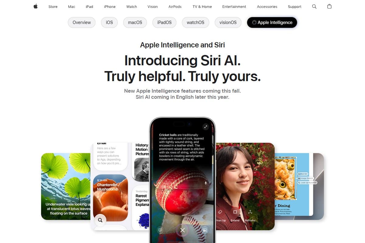 Screenshot: apple.com/siri (now redirecting to the Apple Intelligence page) — the Siri AI hero showing Visual Intelligence and onscreen awareness across iPhone (June 2026)
