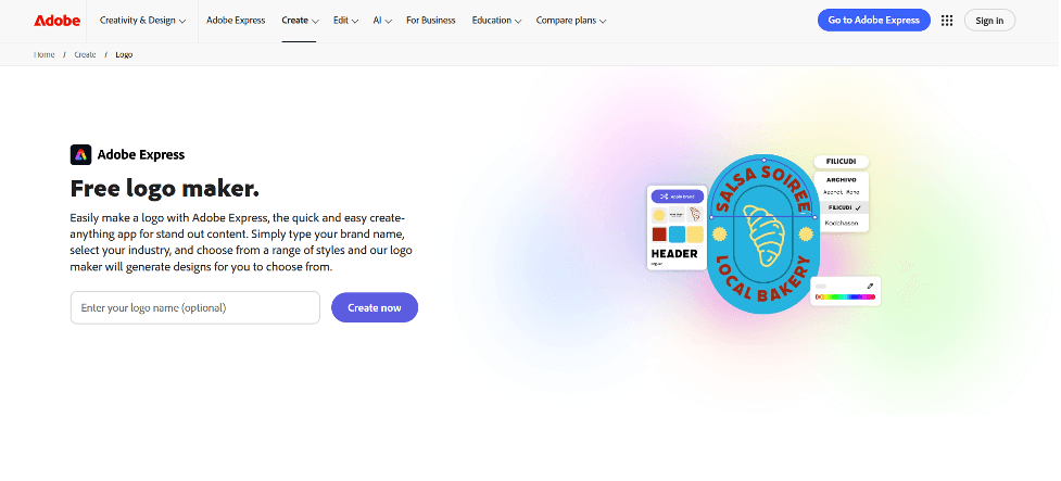 Adobe Express free logo maker landing page