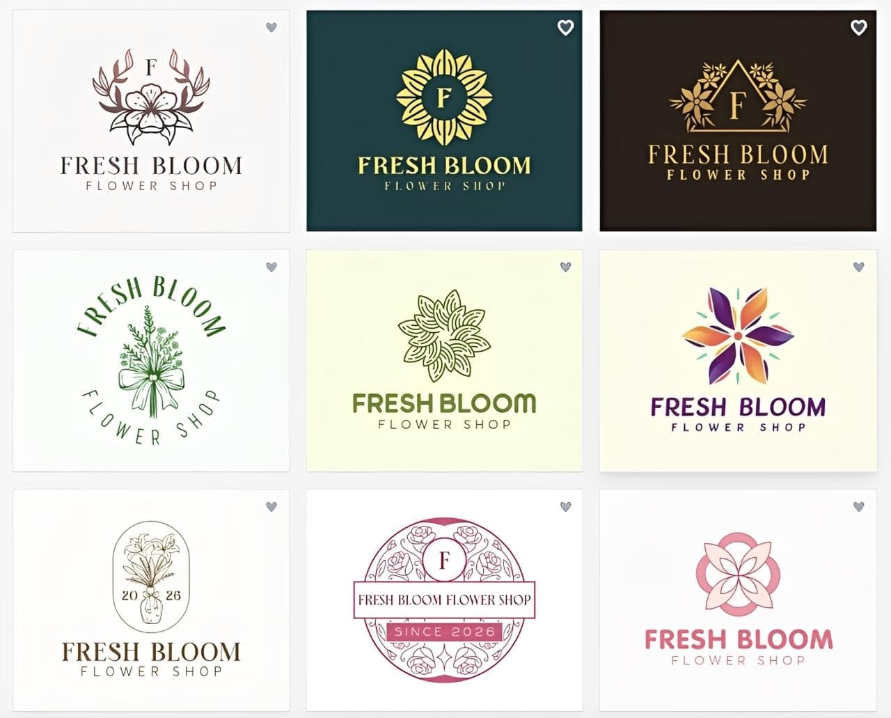 Grid of nine Fresh Bloom Flower Shop logos generated by BrandCrowd