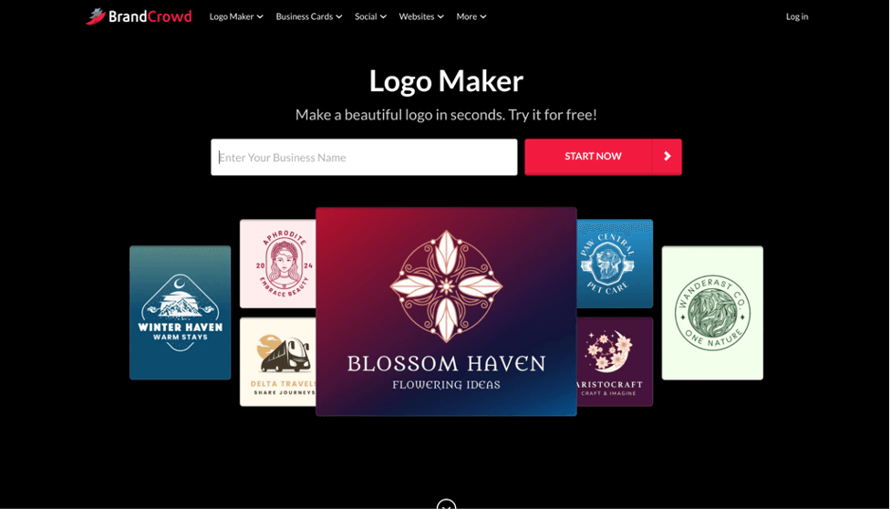BrandCrowd Logo Maker landing page with a business name field