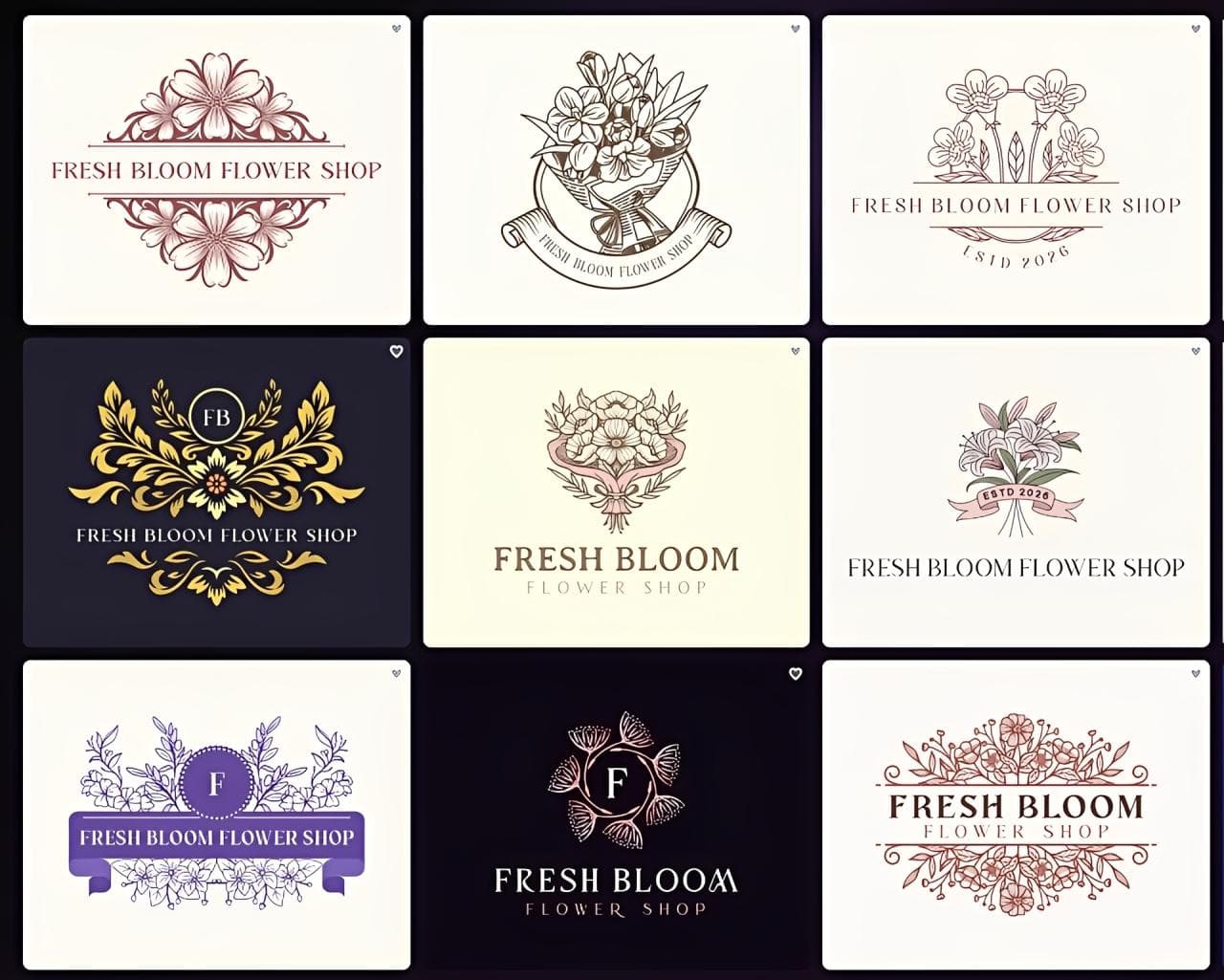 Grid of nine Fresh Bloom Flower Shop logos generated by Design.com