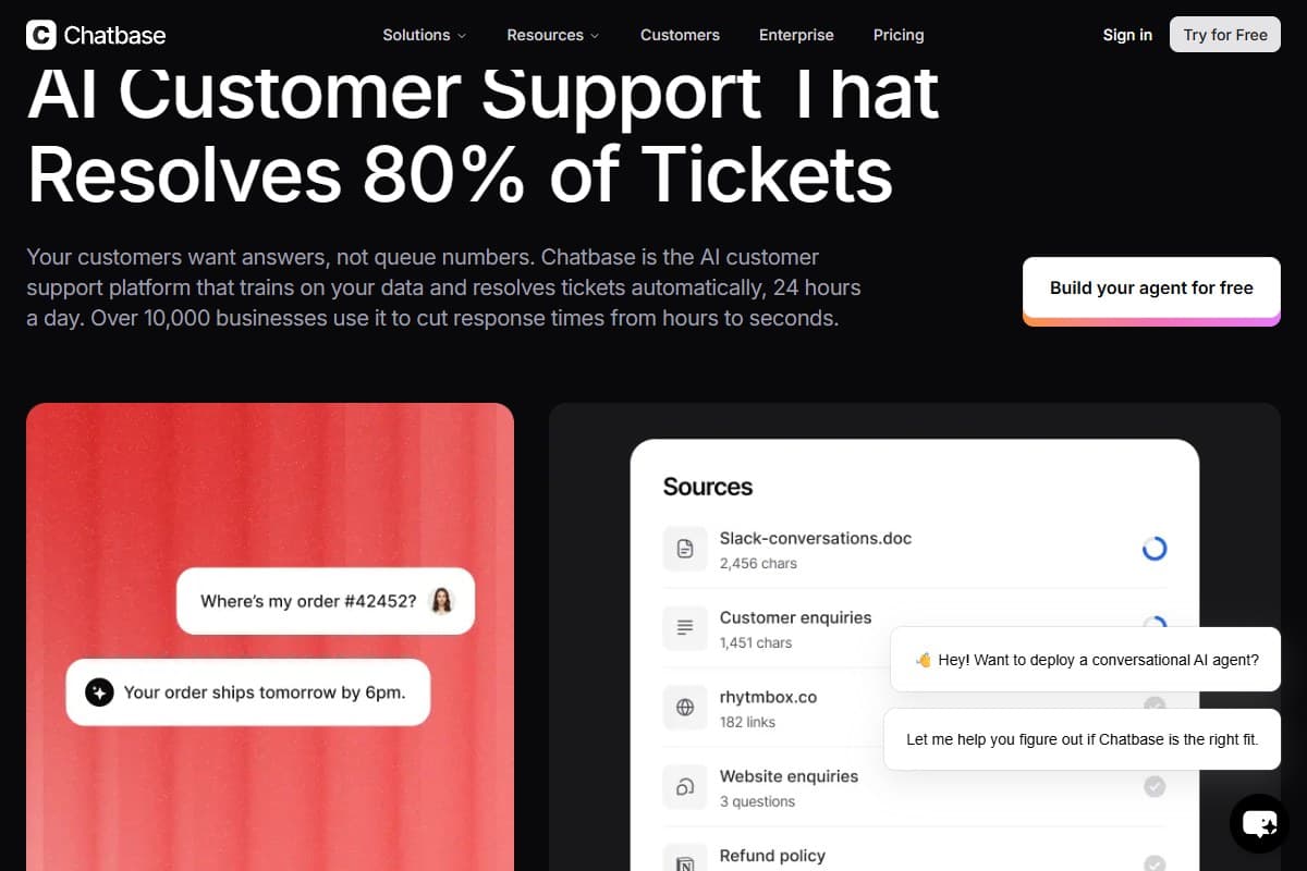 Screenshot: Chatbase's support pitch — an agent trained on your sources that resolves tickets (here, an order-status lookup) rather than just answering FAQs.