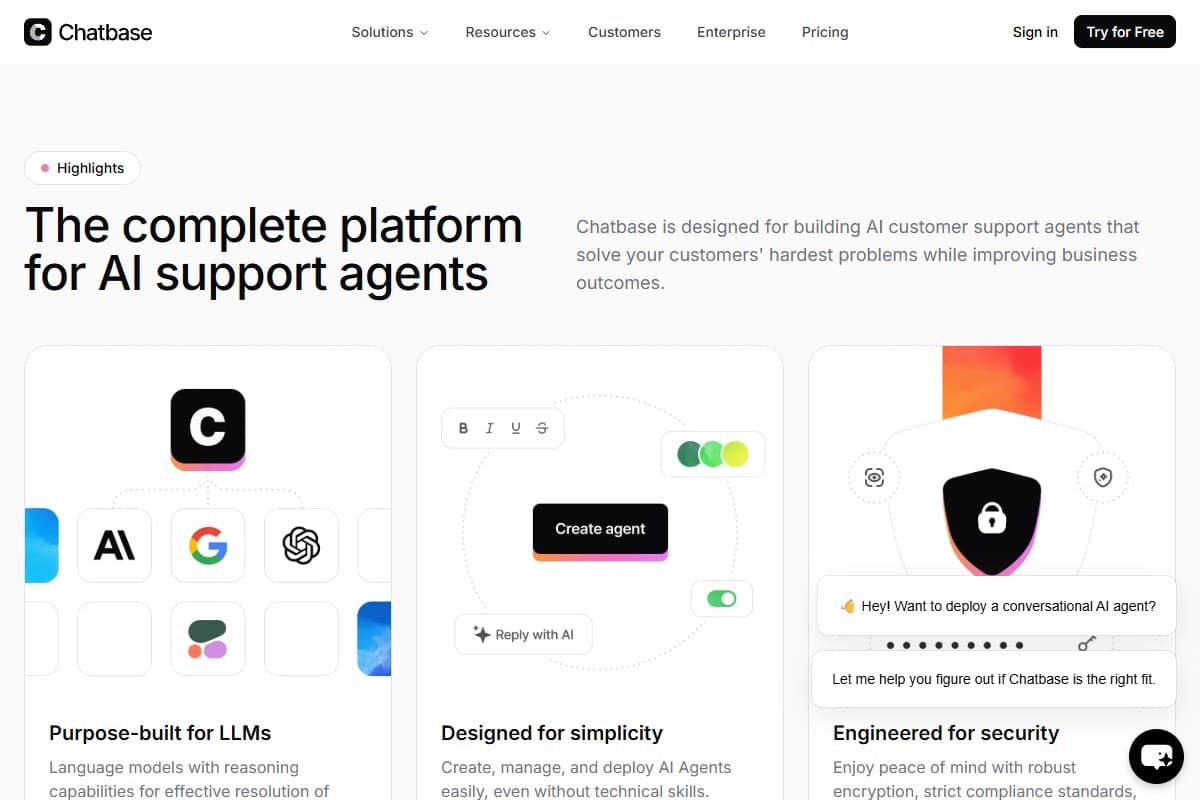 Screenshot: Chatbase positions itself as 'the leading AI customer service platform' — agents trained on your data, live on your site.