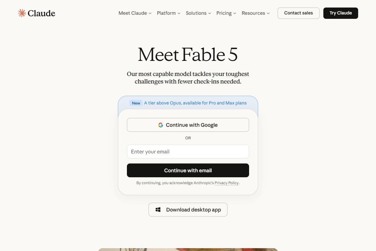 Screenshot: claude.ai greeting visitors with 'Meet Fable 5 — a tier above Opus, available for Pro and Max plans' (June 2026)