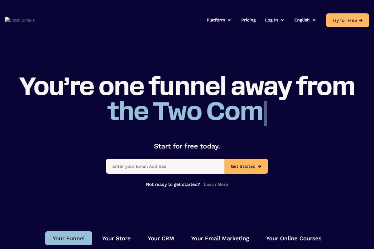 Screenshot: ClickFunnels 2.0 — the established funnel ecosystem with websites, CRM, and FunnelFlix (2026).