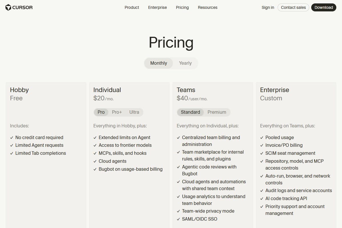 Screenshot: Cursor 3 pricing page showing the five tiers and credit pools