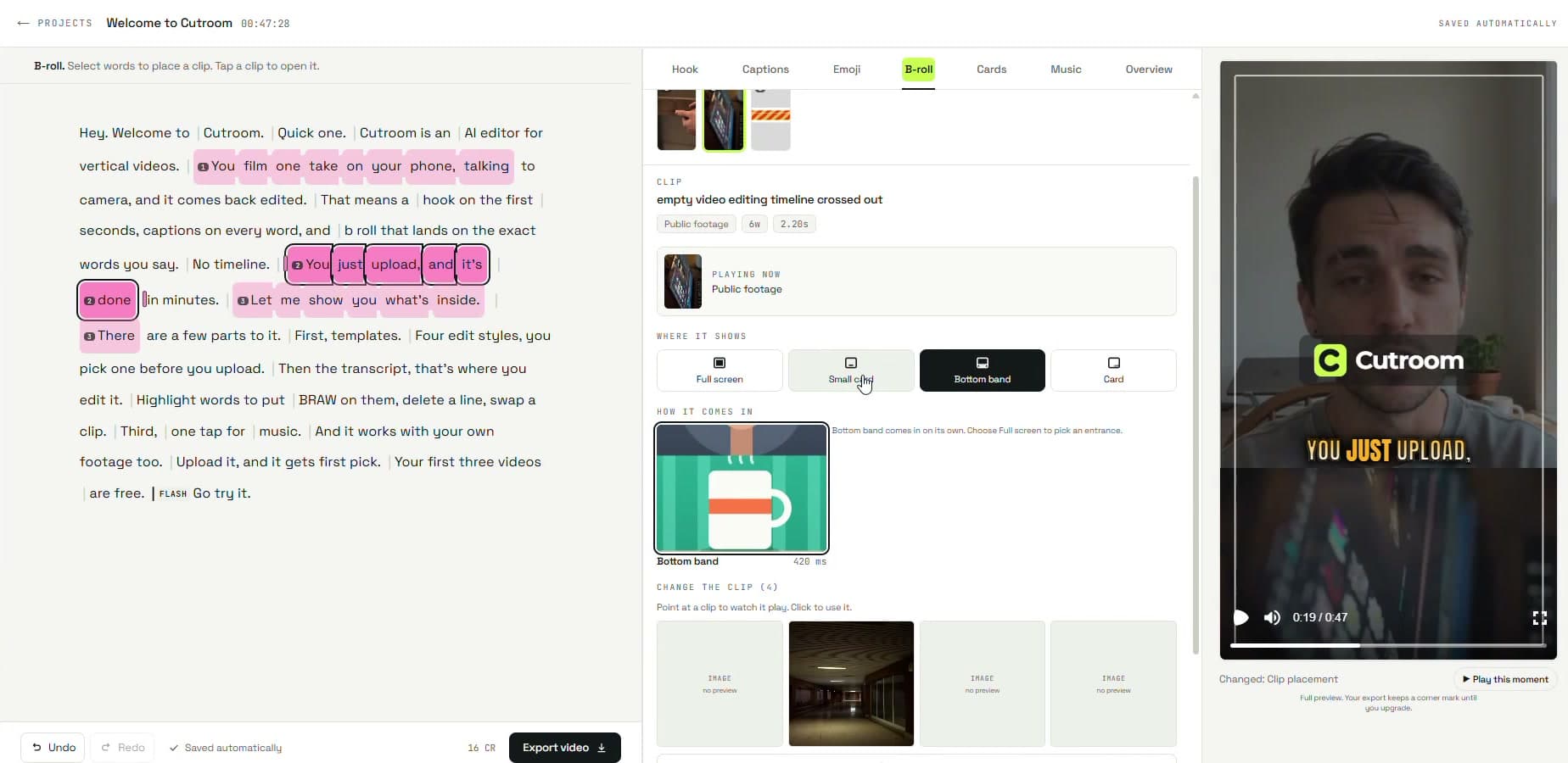Screenshot: Cutroom's editor on the B-roll tab, with clips attached to highlighted words in the transcript, placement options (Full screen, Small card, Bottom band, Card), and the vertical preview on the right (2026)