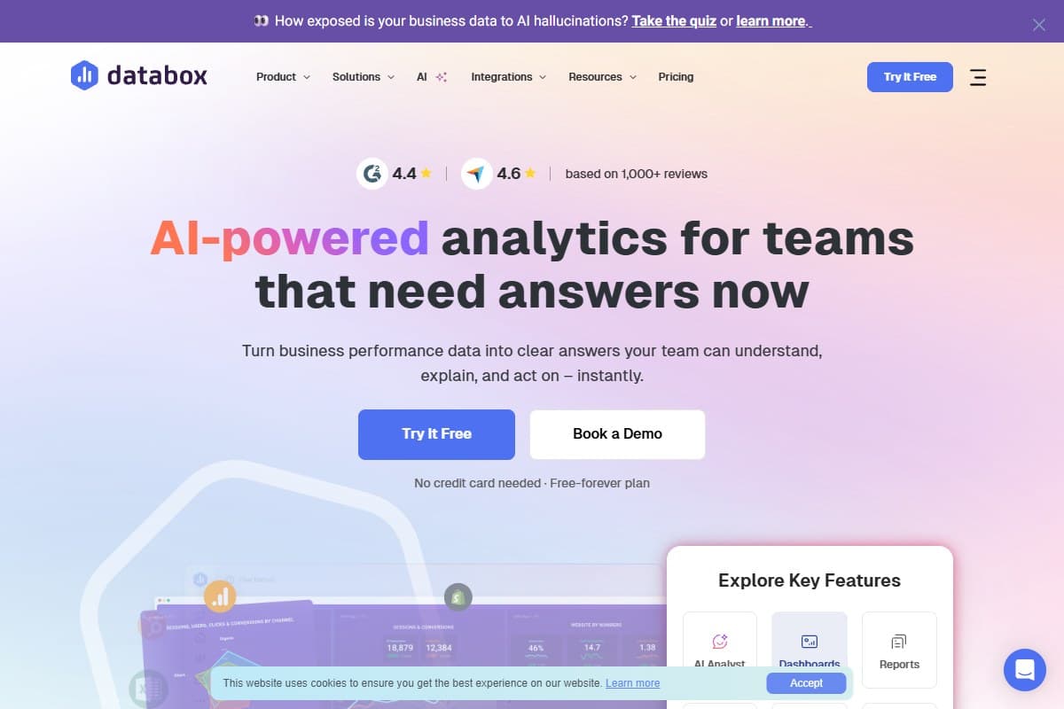 Screenshot: Databox — the analytics platform and 130+ integrations that sit behind the MCP server (databox.com)