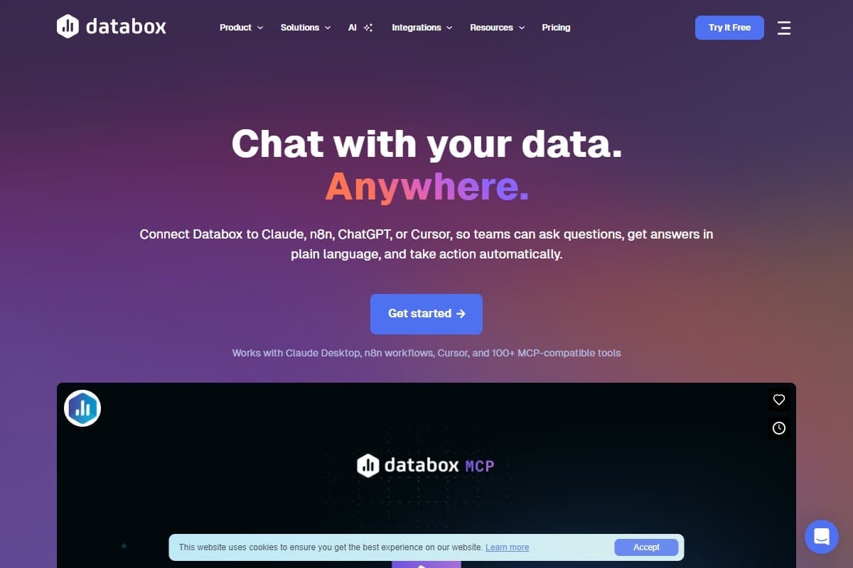 Screenshot: Databox MCP landing page — 'Chat with your data. Anywhere.' connecting Claude, ChatGPT, n8n and Cursor (databox.com/mcp, June 2026)