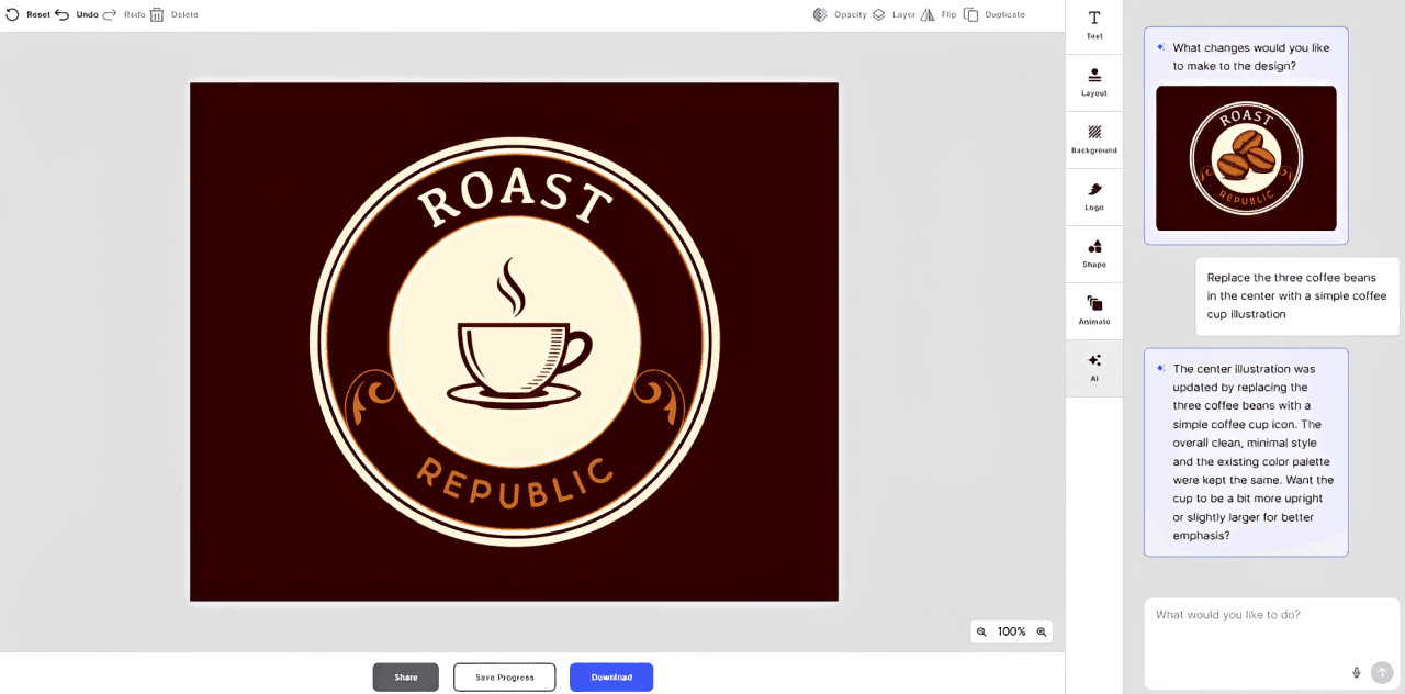 Design.com AI chat editor replacing the coffee beans with a coffee cup illustration