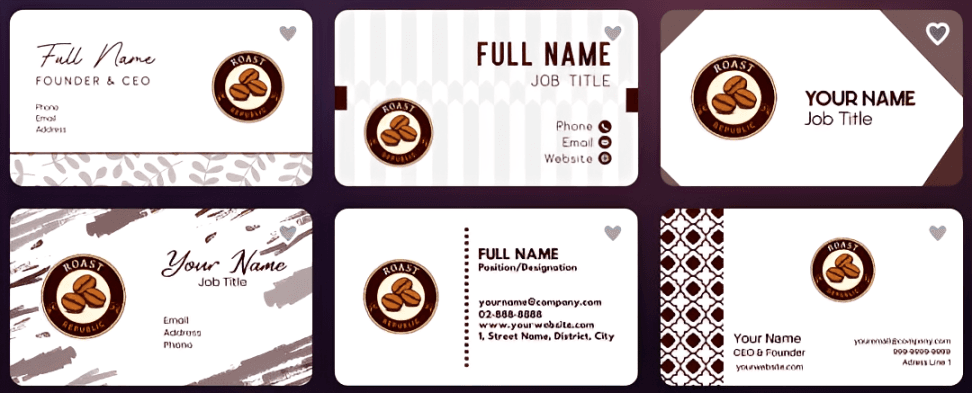 Six Design.com business card templates carrying the Roast Republic logo