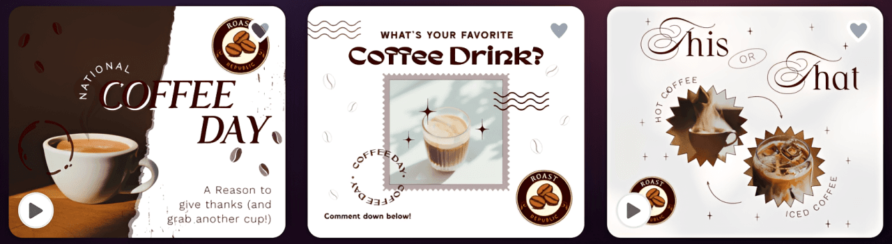 Three Facebook post templates branded with the Roast Republic logo