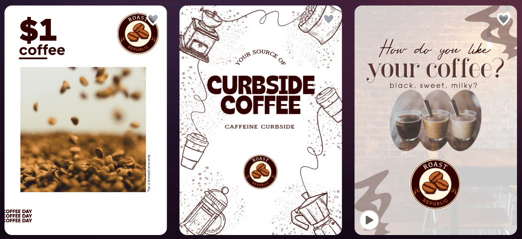 Three Design.com flyer templates branded with the Roast Republic logo