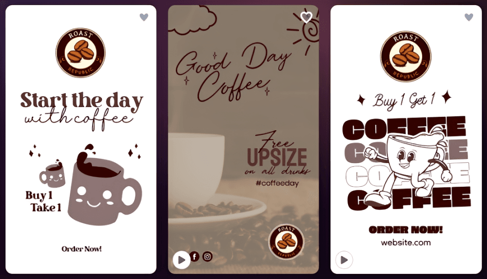Three vertical Instagram Story templates branded with the Roast Republic logo