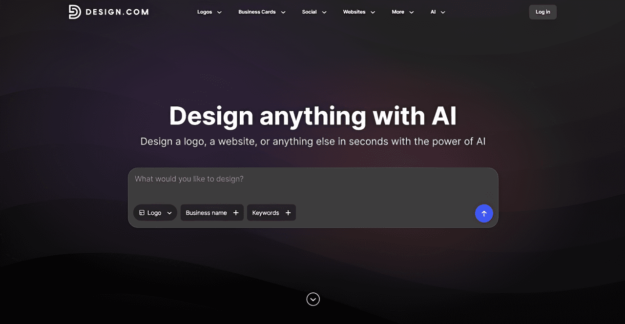 Design.com homepage with the Design anything with AI prompt box