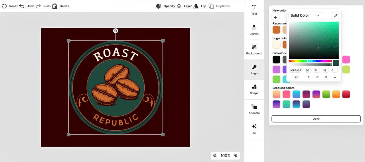 Design.com manual editor changing the Roast Republic badge color to forest green