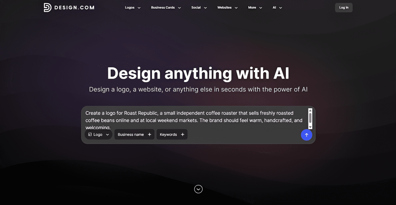 Roast Republic logo prompt entered into the Design.com AI prompt box