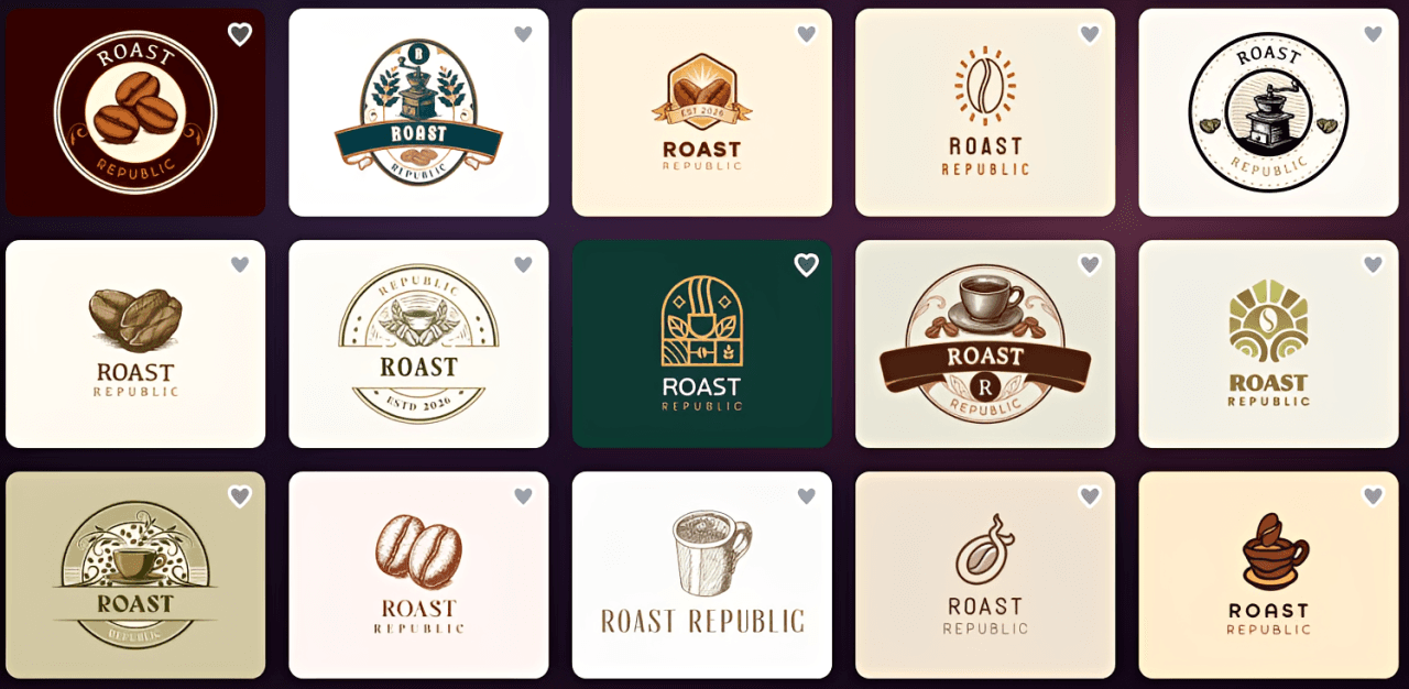 Grid of fifteen AI-generated Roast Republic coffee logos on Design.com