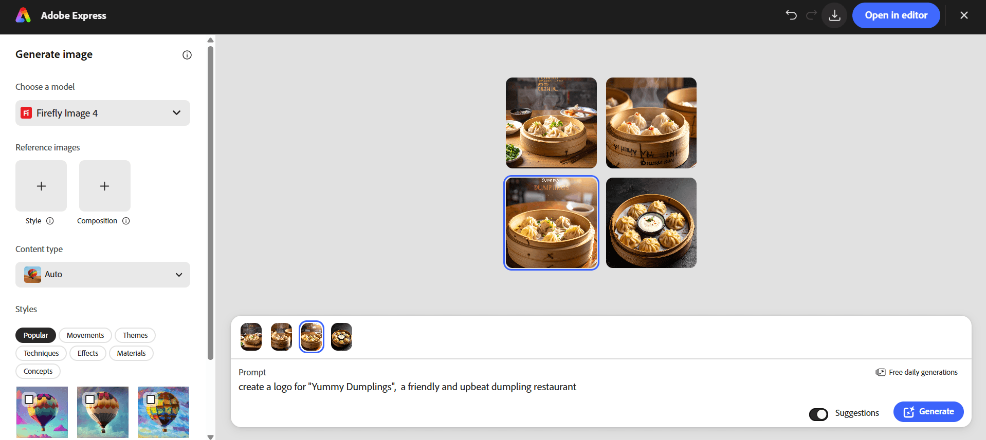 Adobe Express Firefly generating photo-style dumpling images from the first logo prompt