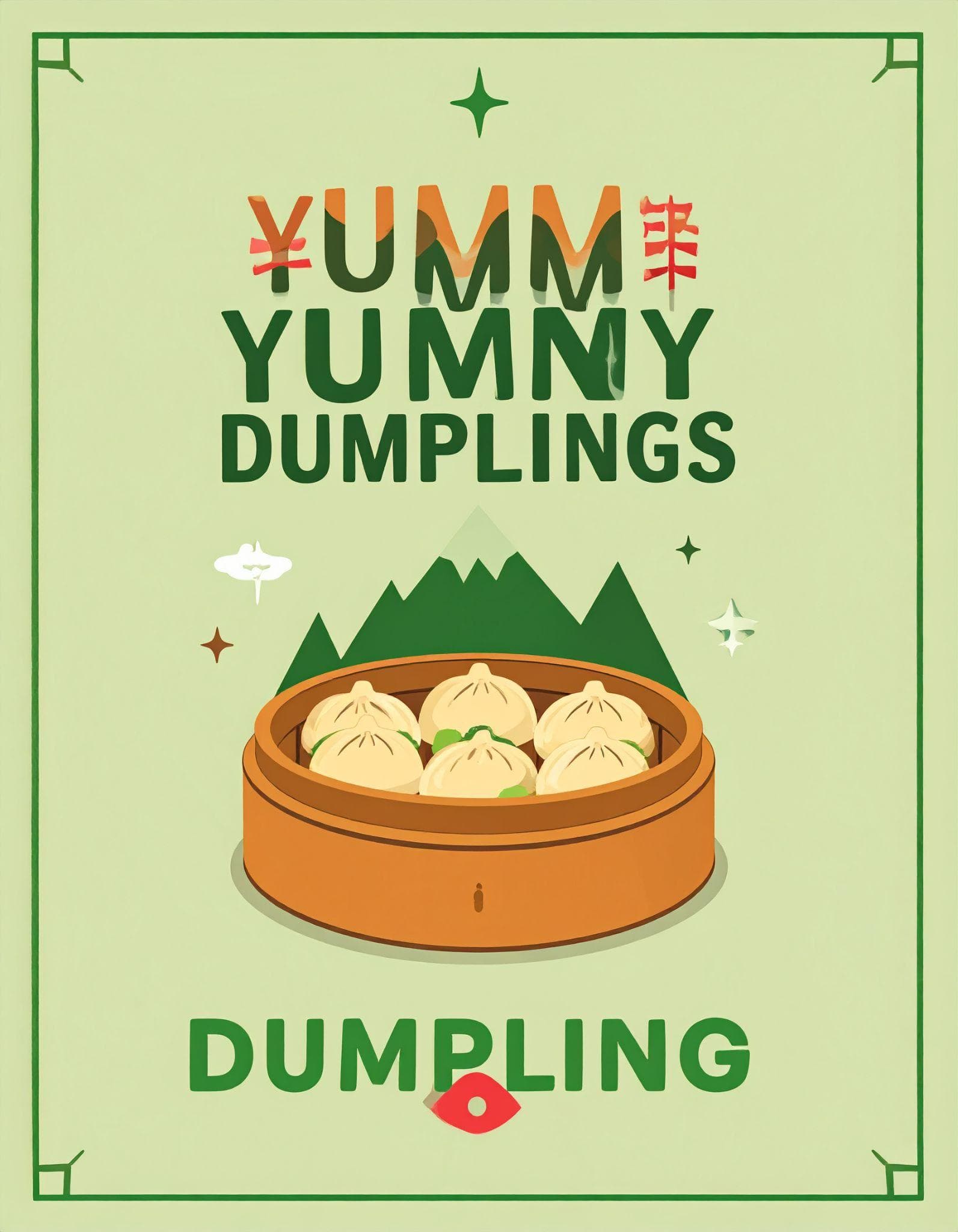 Adobe Express Yummy Dumplings concept with mountains and a misspelled, duplicated title