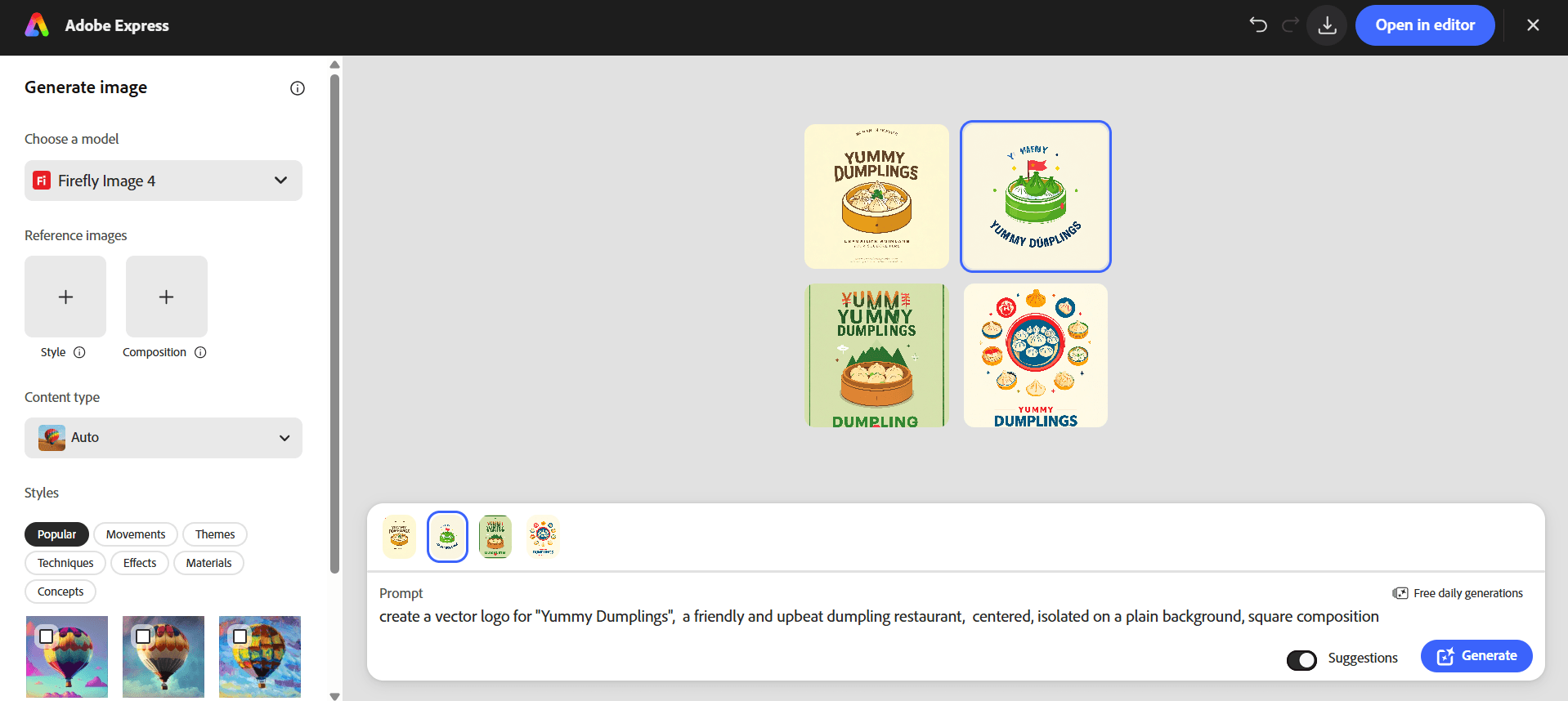 Adobe Express results after adding centered, plain background and square composition to the prompt