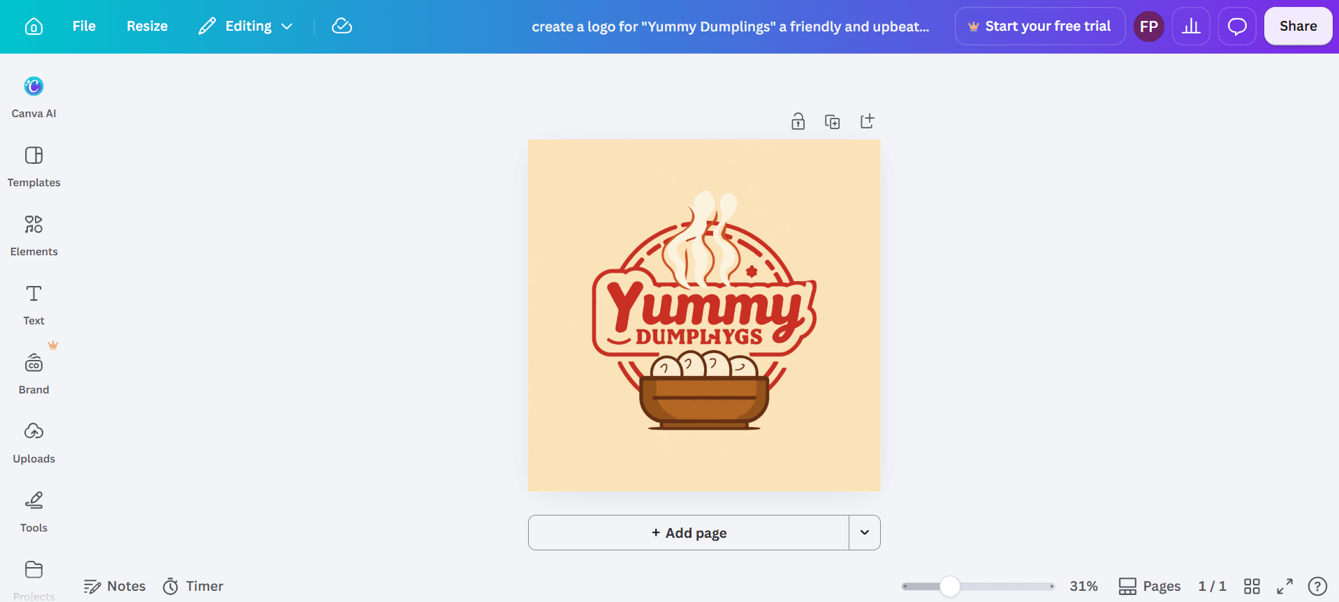 Canva editor showing a red Yummy Dumplings logo with misspelled subtitle