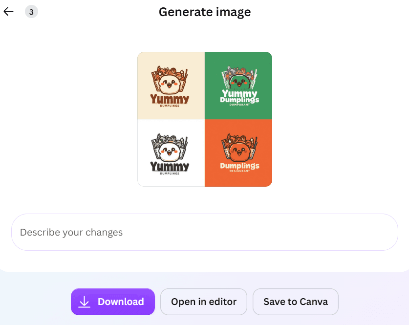 Canva generated four Yummy Dumplings mascot logo variations in different colors