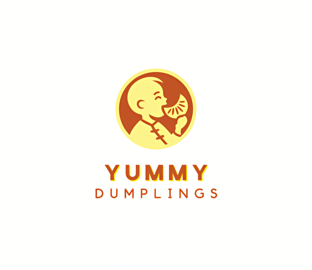 Design.com Yummy Dumplings circular emblem of a child biting a dumpling
