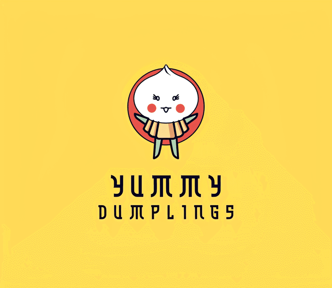 Design.com Yummy Dumplings logo with a cheerful dumpling mascot on a yellow background
