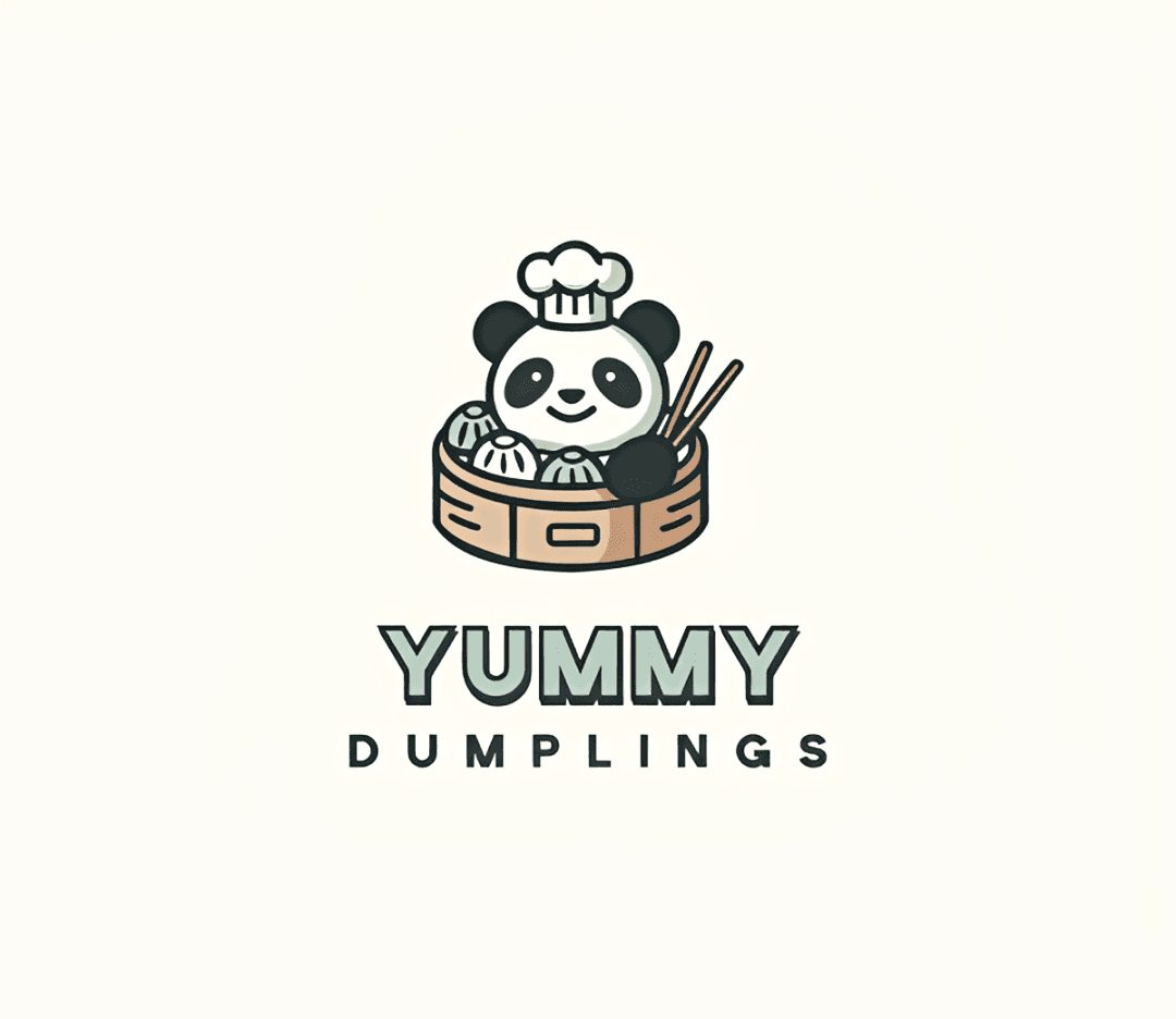 Design.com Yummy Dumplings logo with a panda chef in a bamboo steamer