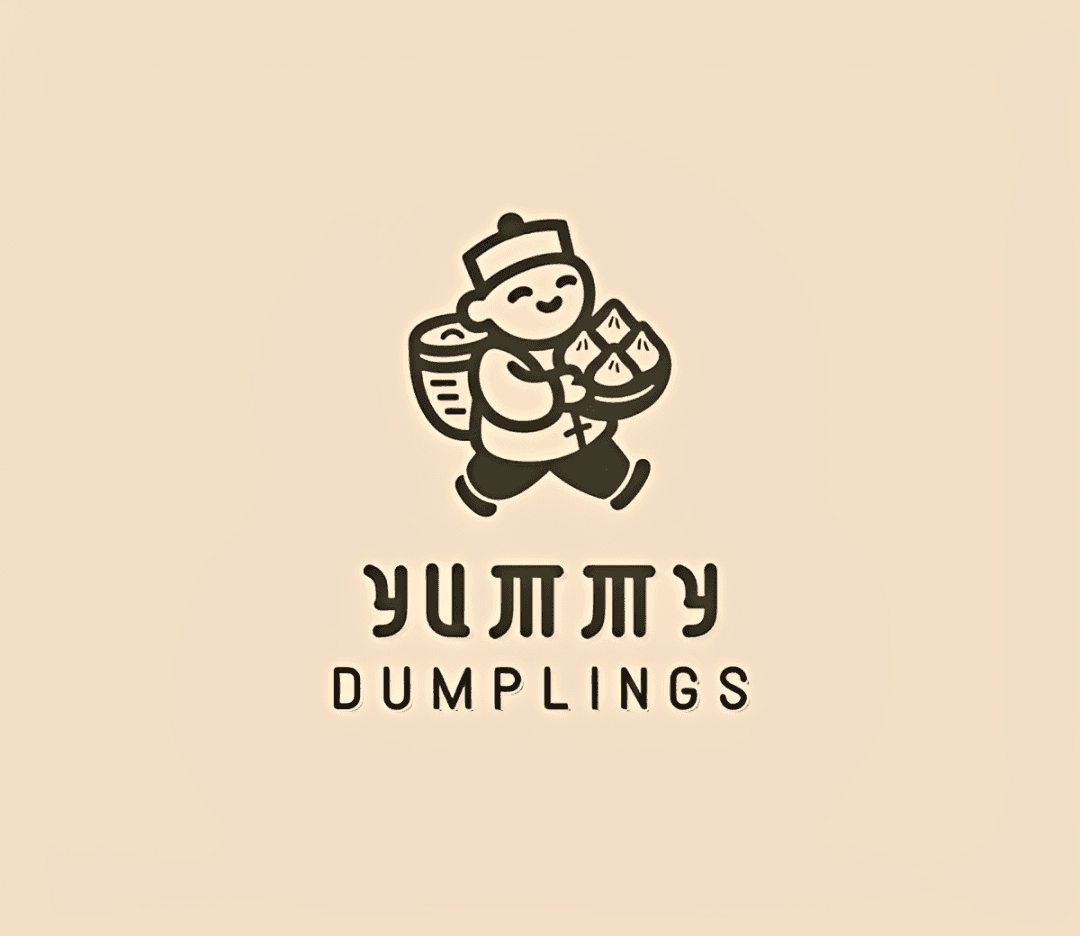 Design.com Yummy Dumplings logo with a smiling character carrying a basket of dumplings