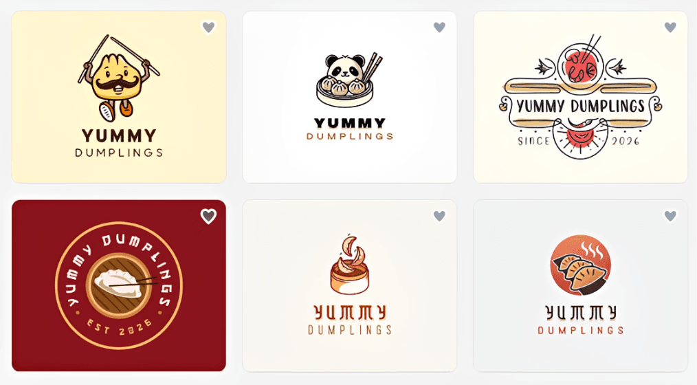 Six Yummy Dumplings logos generated by Design.com, including a mustached dumpling mascot and a panda in a steamer
