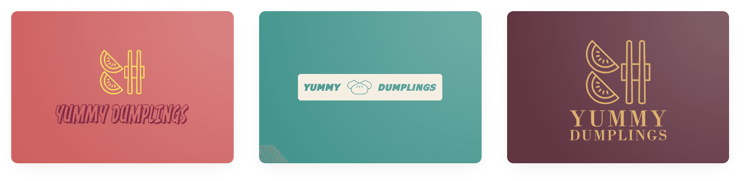 Three Looka Yummy Dumplings logos reusing the same symbols in different colorways