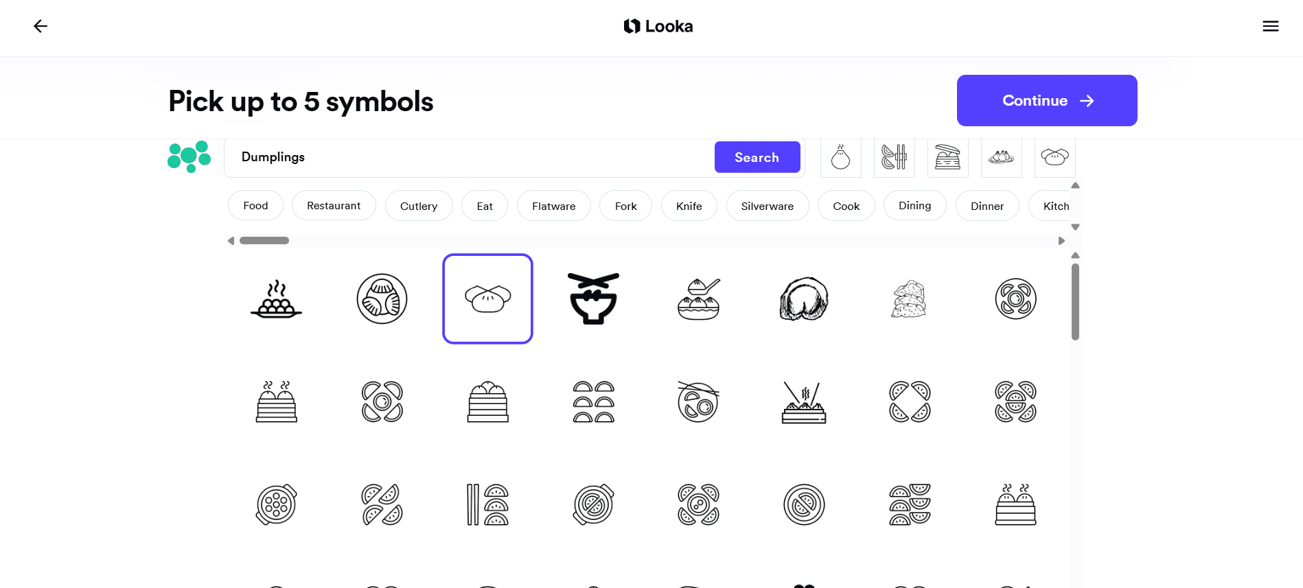 Looka symbol picker searching for dumplings, with up to five symbols selectable