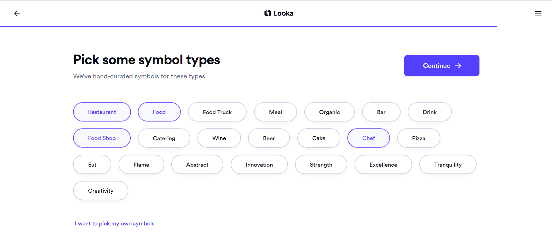 Looka symbol type picker showing broad categories like Restaurant, Food and Chef