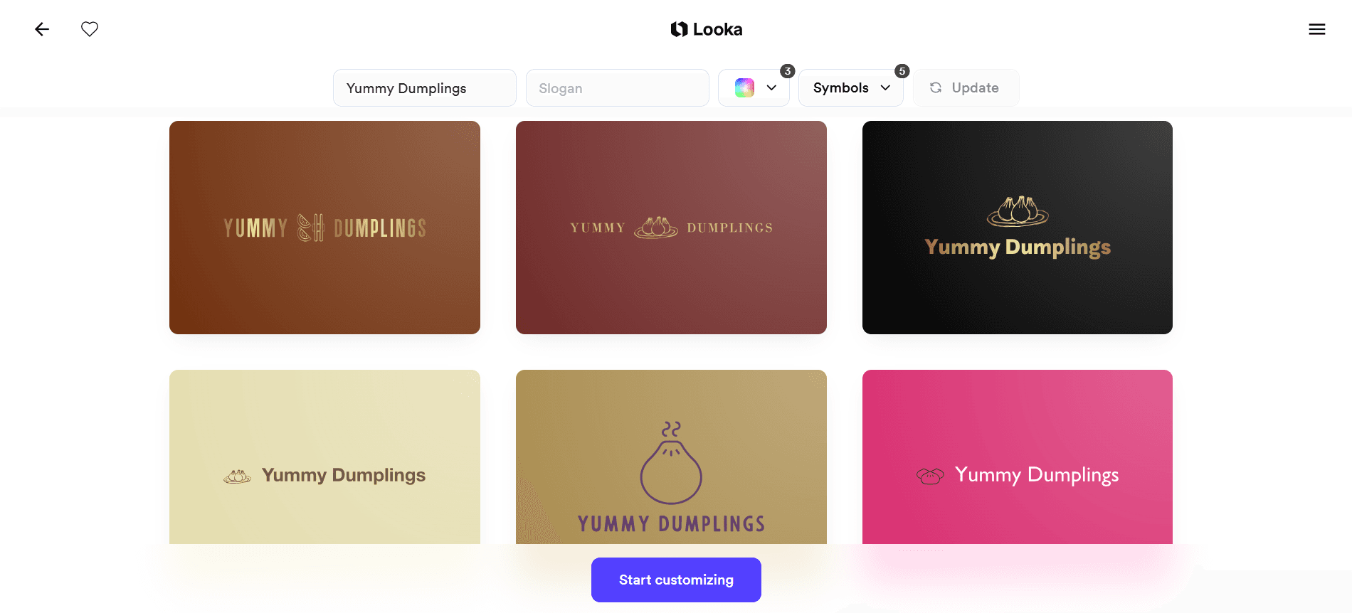 Six Yummy Dumplings logos generated by Looka in muted browns, golds and pink