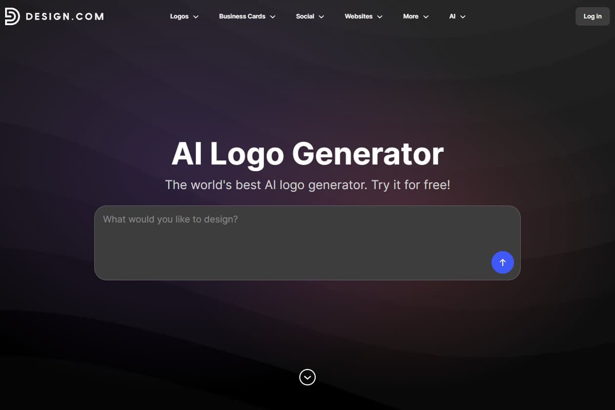 Design.com AI Logo Generator landing page with a prompt box