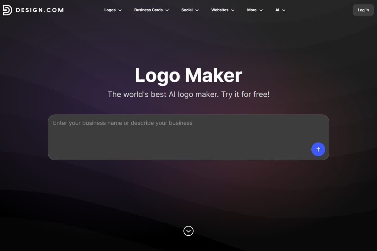 Design.com AI Logo Maker landing page with a business name prompt box
