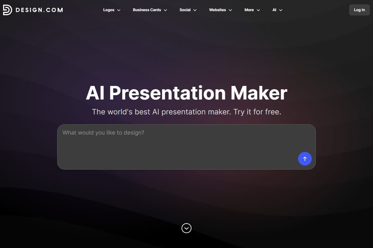 Screenshot: Design.com (Sponsored) AI Presentation Maker: prompt-to-deck generator (October 2026)