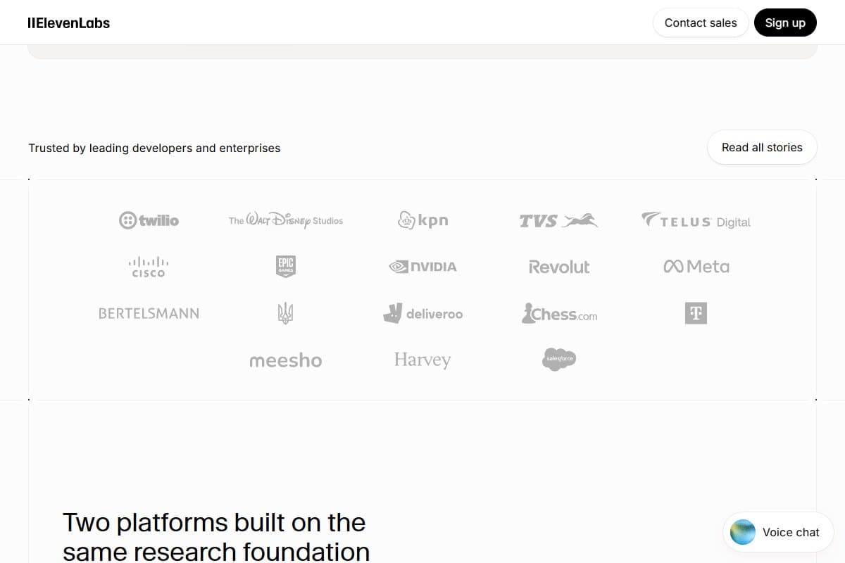 Screenshot: ElevenLabs.io homepage — product surface and Sign-up CTA (May 2026)
