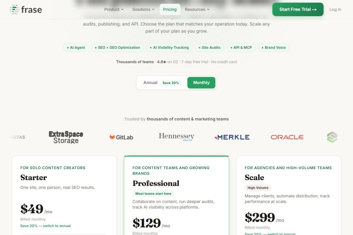 Screenshot: Frase pricing page: Starter, Professional, and Scale plans (2026)
