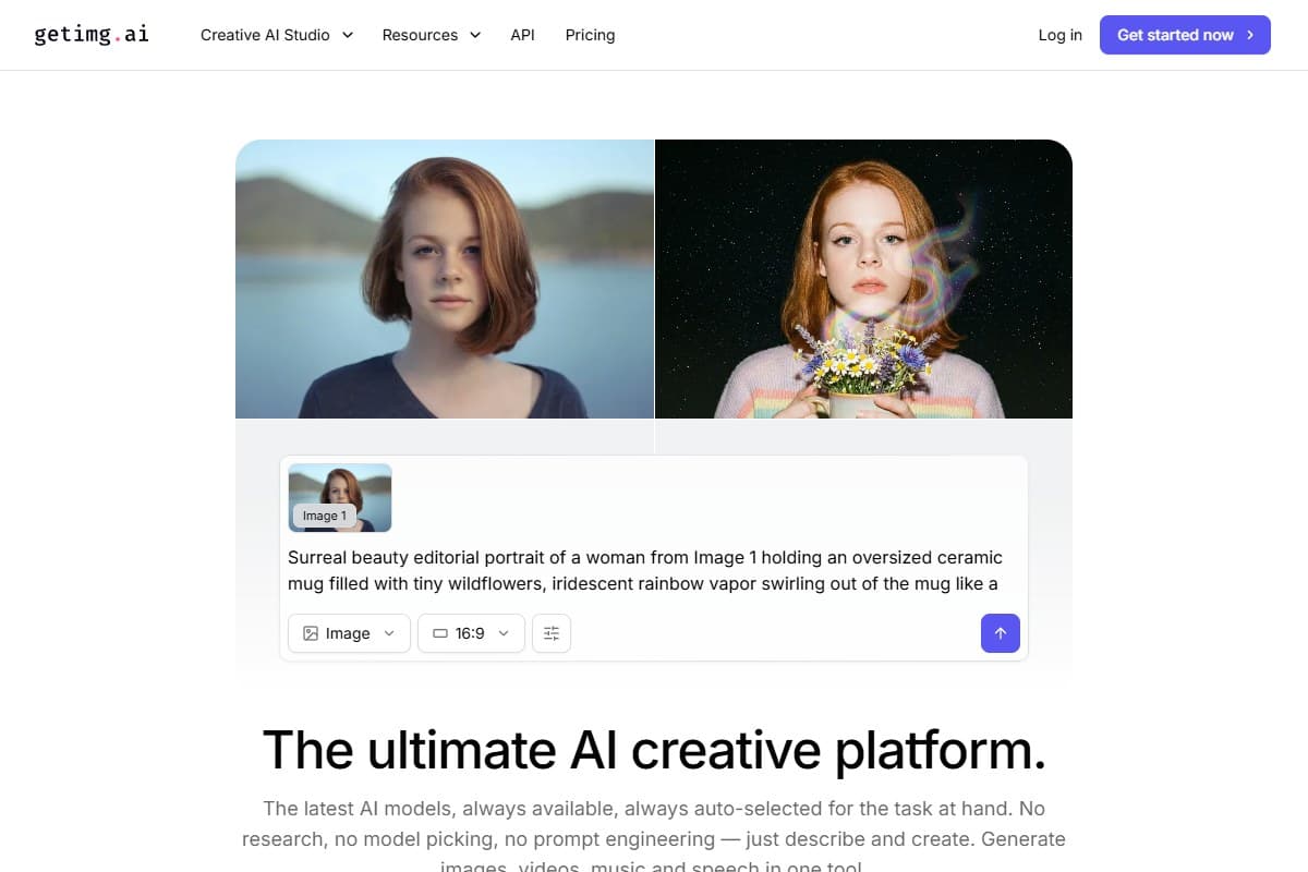 Screenshot: getimg.ai homepage — the all-in-one AI visual suite positioning (July 2026)