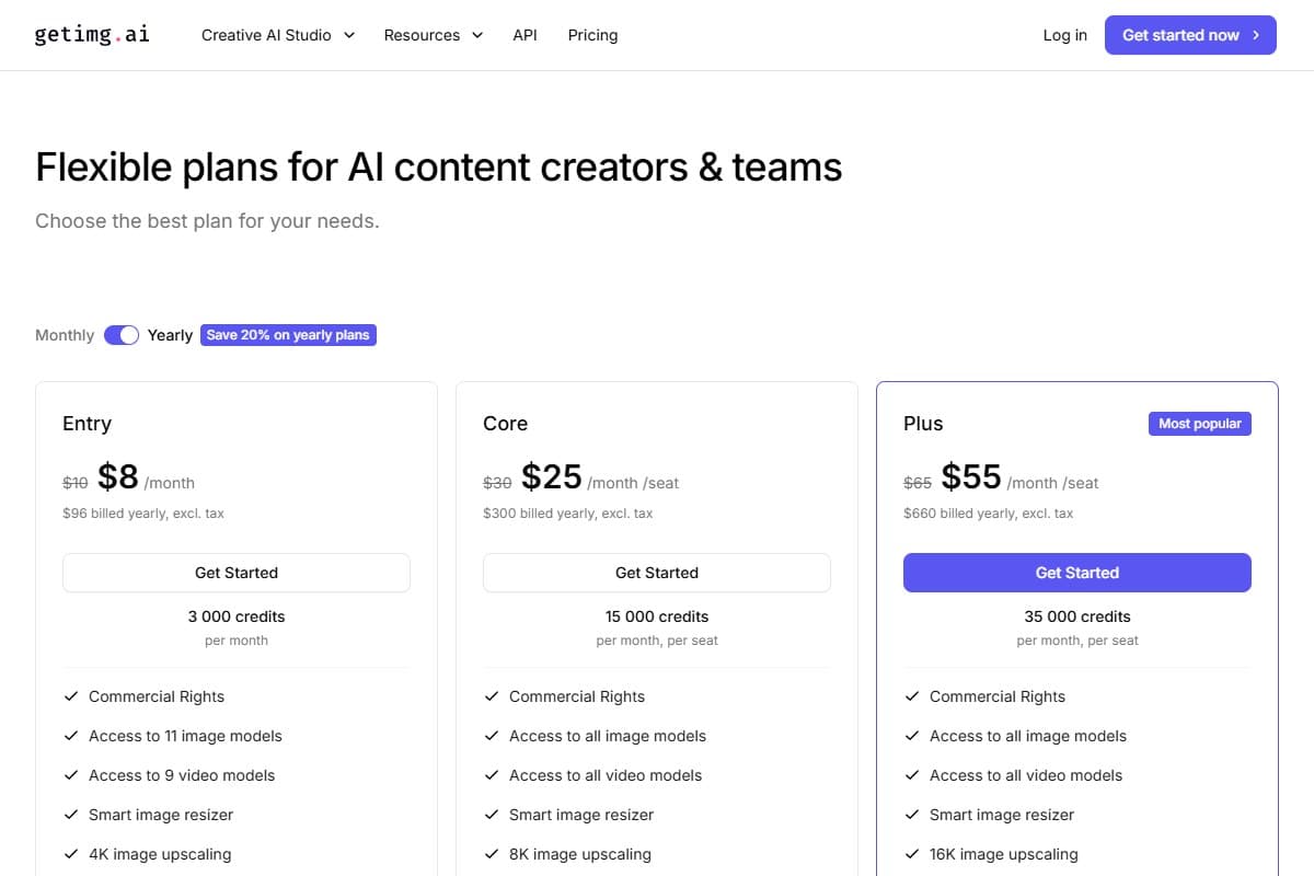 Screenshot: getimg.ai pricing — Entry, Core, Plus, and Ultra tiers, no free plan (July 2026)