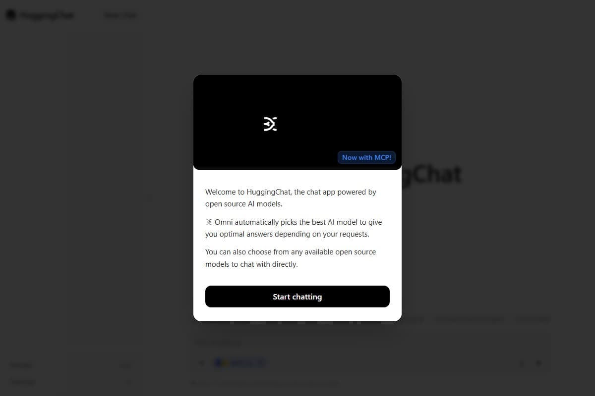 Screenshot: HuggingChat — first-visit welcome modal explaining the auto model picker