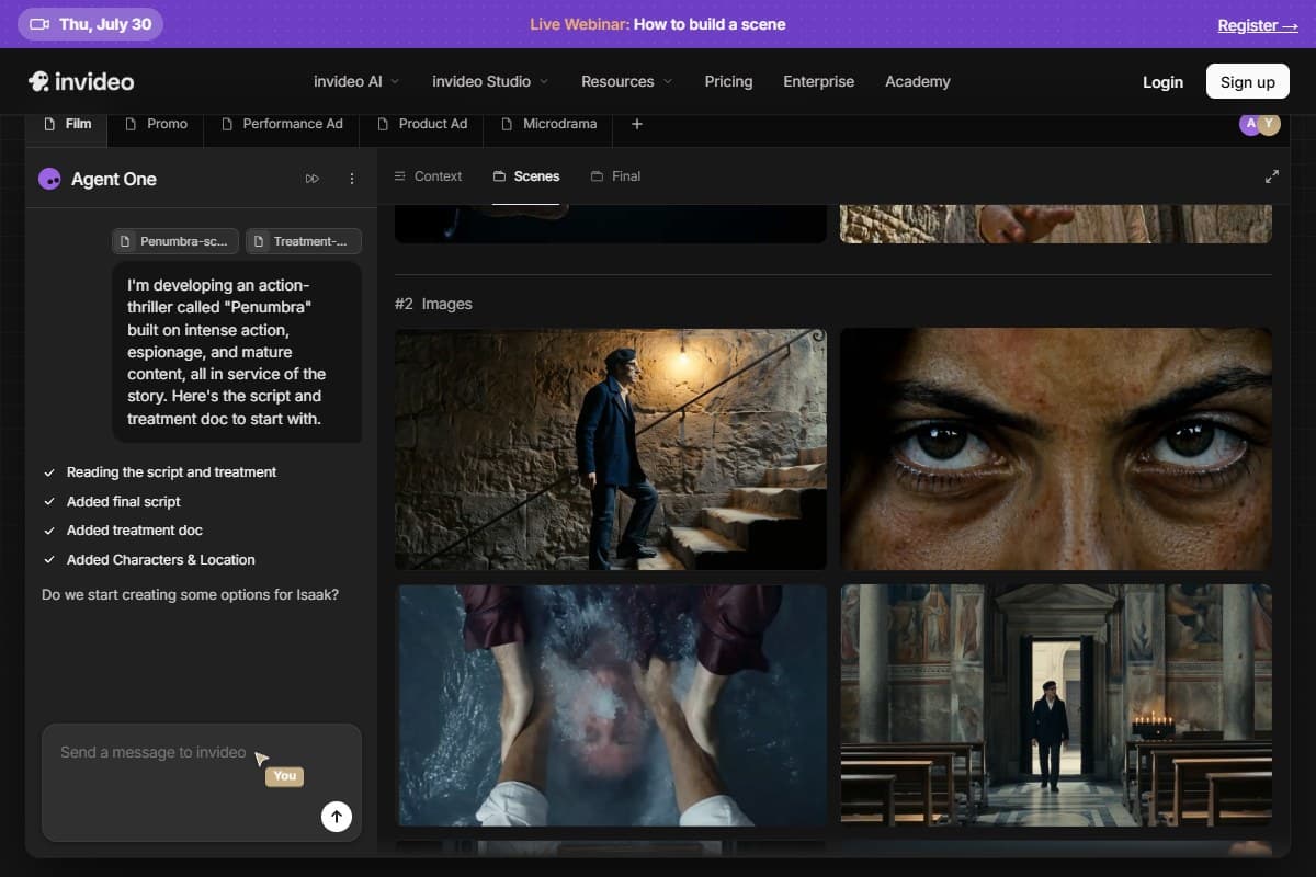 Screenshot: InVideo's homepage demoing Agent One, its AI agent turning a script and treatment into generated scenes (July 2026)
